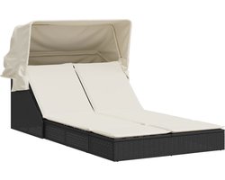 vidaXL - Ligbed - 2-persoons - met - luifel - en - kussens - poly - rattan - zwart
