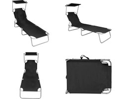 vidaXL Ligbed inklapbaar met luifel aluminium zwart - Ligbed - Ligstoelen - Opklapbaar Ligbed - Opklapbare Ligstoelen