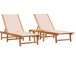 vidaXL Ligbed - Ligbedden - Tuinstoel - Relaxstoel - Ligbedden 2 st met tafel massief acaciahout en textileen crème