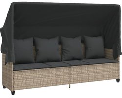 vidaXL Ligbed - Ligbedden - Tuinstoel - Tuinmeubel - Ligbed met luifel en kussens poly rattan lichtgrijs
