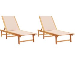 vidaXL Ligbed - Ligbedden - Tuinstoel - Tuinmeubel - Ligbedden 2 st massief acaciahout en textileen crèmekleurig