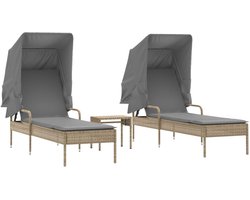 vidaXL Ligbed - Ligbedden - Tuinstoel - Tuinmeubel - Ligbedden 2 st met luifels en tafel poly rattan beige