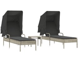 vidaXL Ligbed - Ligbedden - Tuinstoel - Tuinmeubel - Ligbedden 2 st met luifels en tafel poly rattan lichtgrijs
