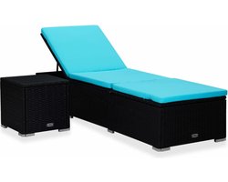 vidaXL - Ligbed - met - kussen - en - theetafel - poly - rattan - blauw