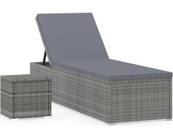 vidaXL - Ligbed - met - kussen - en - theetafel - poly - rattan - grijs