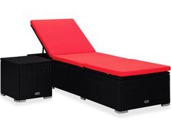 vidaXL - Ligbed - met - kussen - en - theetafel - poly - rattan - rood