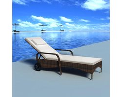 vidaXL - Ligbed - met - kussen - en - wieltjes - poly - rattan - bruin