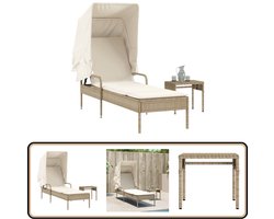 vidaXL Ligbed met Luifel en Tafel - Beige Ligbed - Lounge Chair - Buitendecoratie - Tuinset - Relaxen