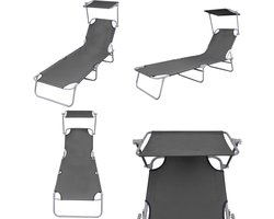 vidaXL Ligbed met luifel inklapbaar staal grijs - Ligbed - Ligstoelen - Opklapbaar Ligbed - Opklapbare Ligstoelen