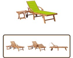 vidaXL Ligbed met tafel - Massief teakhout - Groen kussen Ligbed - Teak Hout - Tuinset - Buitenkamer - Lounge Set