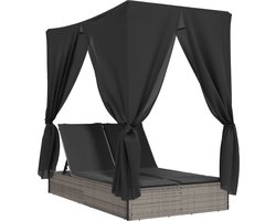 vidaXL - Ligbed - tweepersoons - met - dak - en - gordijn - poly - rattan - grijs