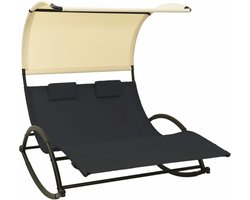 vidaXL - Ligbed - tweepersoons - met - luifel - textileen - zwart - en - crèmekleurig