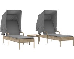 vidaXL - Ligbedden - 2 - st - met - luifels - en - tafel - poly - rattan - beige