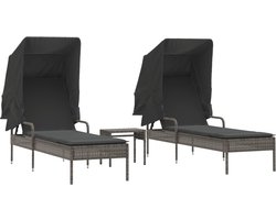 vidaXL - Ligbedden - 2 - st - met - luifels - en - tafel - poly - rattan - grijs