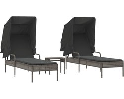 vidaXL Ligbedden 2 st met luifels en tafel poly rattan grijs - Ligbed - Ligbedden - Tuinstoel - Tuinmeubel