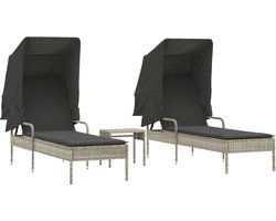 vidaXL - Ligbedden - 2 - st - met - luifels - en - tafel - poly - rattan - lichtgrijs