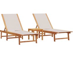 vidaXL - Ligbedden - 2 - st - met - tafel - massief - acaciahout - en - textileen - grijs