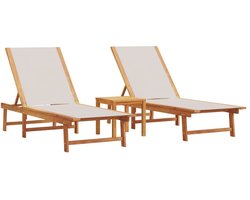 vidaXL Ligbedden 2 st met tafel massief acaciahout en textileen grijs - Ligbed - Ligbedden - Tuinstoel - Relaxstoel
