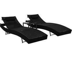 vidaXL - Ligbedden - 2 - st - met - tafel - poly - rattan - en - textileen - zwart