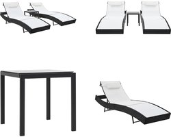 vidaXL Ligbedden 2 st met tafel poly rattan en textileen zwart - Ligstoel - Ligstoelen - Ligbeddenset - Ligbeddensets