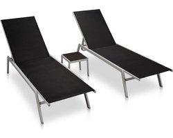 vidaXL - Ligbedden - 2 - st - met - tafel - staal - en - textileen - zwart