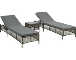 vidaXL Ligbedden set met tafel - Grijs Rattan Ligbed - Ligbed Set - Tuinset - Buitentijd - Lounge Stoel
