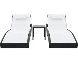 vidaXL Ligbedden Set van 2 met Tafel - Zwart Ligbed - Poly Rattan - Tuinset - Loungebed - Balkon Meubels