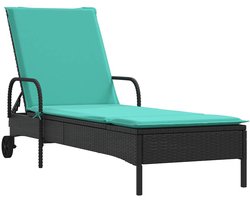 vidaXL - Ligstoel - met - wielen - en - kussen, - zwart - polyrotan