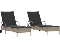 vidaXL - Ligstoelen - 2 - st - met - kussen - poly - rattan - lichtgrijs
