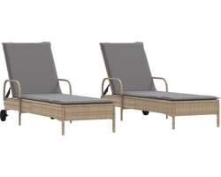 vidaXL - Ligstoelen - 2 - st - met - kussens - poly - rattan - beige