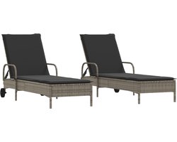 vidaXL - Ligstoelen - 2 - st - met - kussens - poly - rattan - grijs