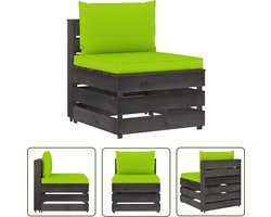 vidaXL Lounge Bank - Tuinbank - Middenbank sectioneel met kussens grijs geïmpregneerd hout - Buitentijdbank - Houten Bank - Groen Kussen
