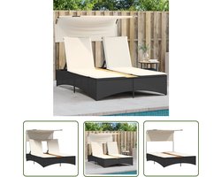 vidaXL Lounge Bed - Ligbed - Ligbed 2-persoons met luifel en kussens poly rattan zwart - Tuinset - Buitendecoratie - Relaxstoel
