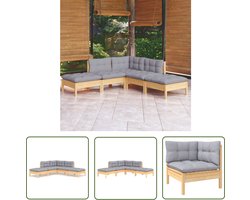 vidaXL Lounge Set - Tuinlounge - 5-delige Loungeset met grijze kussens grenenhout - Buitendecor - Teak Meubel - Grenenhouten Bank