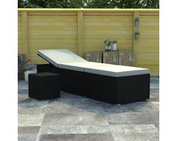 vidaXL Lounge Stoel - Ligbed - Ligbed met kussen en theetafel poly rattan crèmewit - Tuinset - Buitendecoratie - Relaxstoel