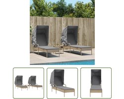 vidaXL Lounge Stoel - Ligbed - Ligbedden 2 st met luifels en tafel poly rattan beige - Tuinset - Buitendrank - Patio Furniture