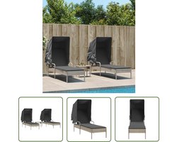 vidaXL Lounge Stoel - Ligbed - Ligbedden 2 st met luifels en tafel poly rattan lichtgrijs - Tuinset - Buitendrankje - Relaxen