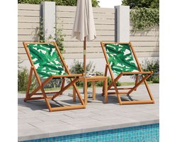 vidaXL Lounge Stoel - Strandstoel - Strandstroelen 2 st inklapbaar stof en massief hout bladpatroon - Tuinset - Buitenmeubel - Teak Meubel