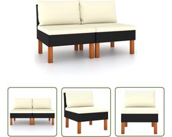 vidaXL Lounge Stoel - Tuinmeubilair - Middenbanken 2 st poly rattan en massief eucalyptushout - Buitendecoratie - Ratan Bank - Zwarte Bank