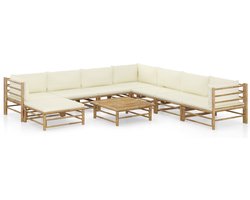 vidaXL Loungebank - Bamboeloungeset - 9-delige Loungeset met crèmewitte kussens bamboe - Buitendiner - Tuinlounge - Outdoor Furniture