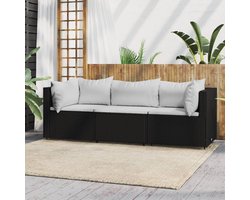 vidaXL Loungebank - Tuin Lounge Set - 3-delige Loungeset met kussens poly rattan zwart - Outdoor Furniture - Patio Set - Ratan Meubilair