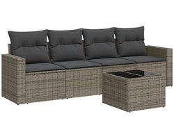 vidaXL Loungebank - Tuin Lounge Set - 5-delige Loungeset met kussens poly rattan grijs - Poly Rattan - Buitendecoratie - Outdoor Furniture