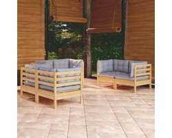 vidaXL Loungebank - Tuin Lounge Set - 6-delige Loungeset met grijze kussens grenenhout - Buitendecoratie - Houten Bank - Teak Tafel