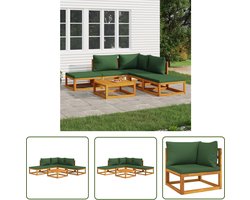 vidaXL Loungebank - Tuin Lounge Set - 6-delige Loungeset met groene kussens massief hout - Acacia Hout - Outdoor Furniture - Buitendrankjes