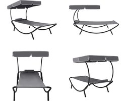 vidaXL Loungebed met luifel en kussen grijs - Zonnebed - Zonnebedden - Ligstoel - Ligstoelen