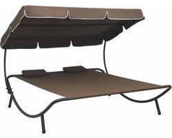 vidaXL - Loungebed - met - luifel - en - kussens - bruin