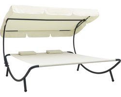 vidaXL - Loungebed - met - luifel - en - kussens - crèmewit