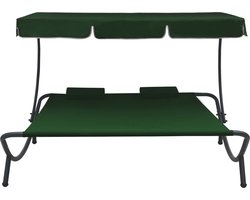 vidaXL Loungebed met luifel en kussens groen Loungebed - Tuinset - Buitenmeubel - Lounge Stoel - Balkon Meubel