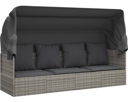 vidaXL - Loungebed - met - luifel - en - kussens - poly - rattan - grijs
