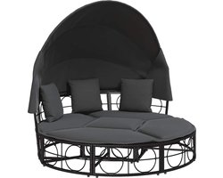 vidaXL - Loungebed - met - luifel - en - kussens - poly - rattan - zwart